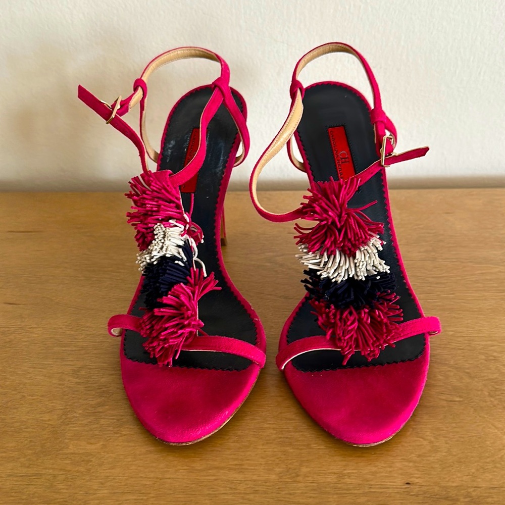 Carolina Herrera, pink suede, Pom Pom heels, size 39 (8.5)